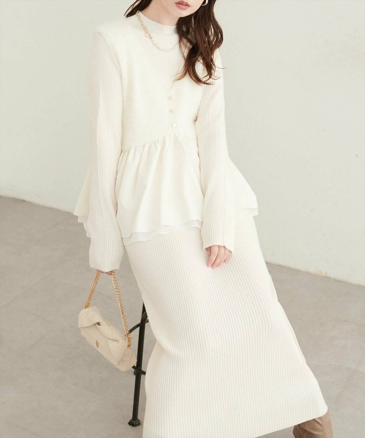 natural couture 異素材ペプラムベスト×ニットワンピース