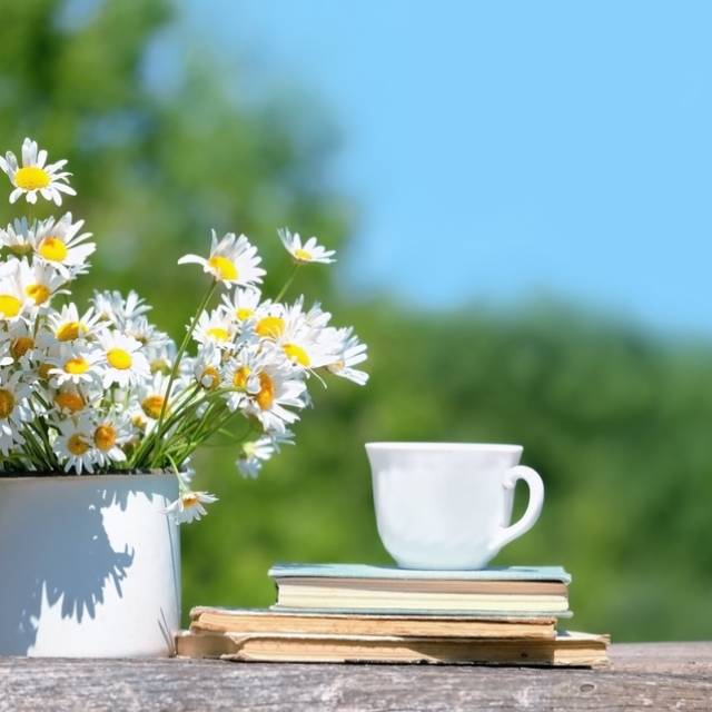 本、花、コーヒー