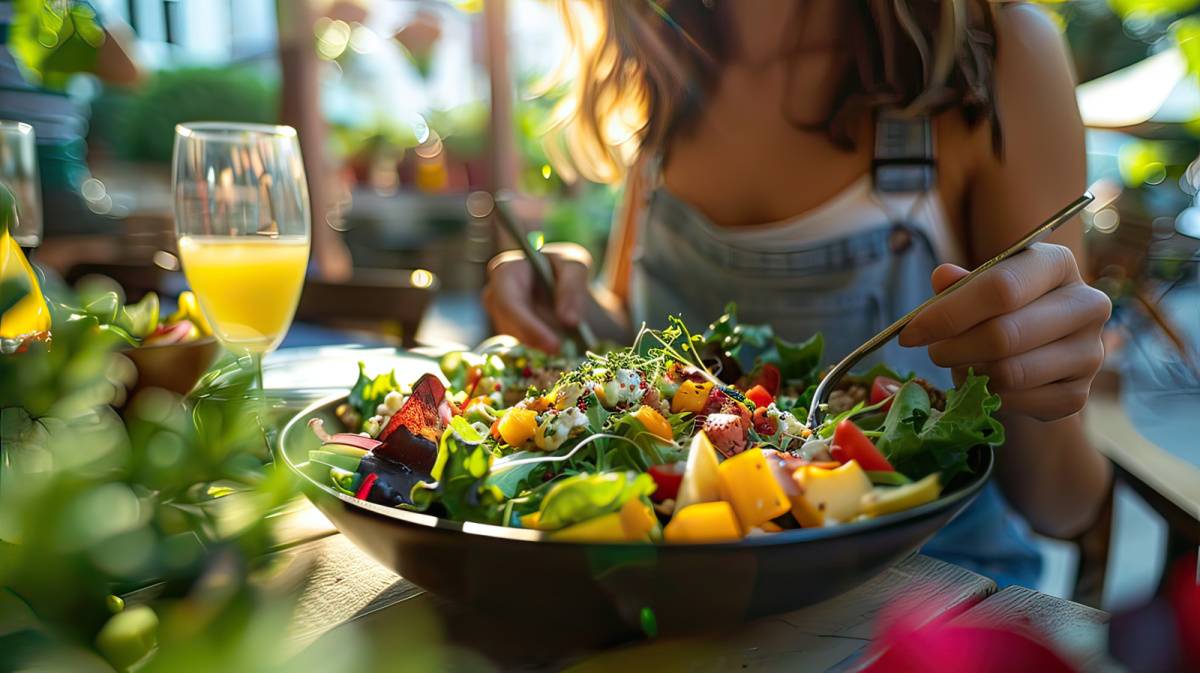 サラダを食べる女性の手元