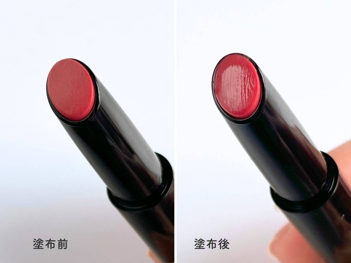 塗布前と塗布後の「リップモンスター ツヤバース」