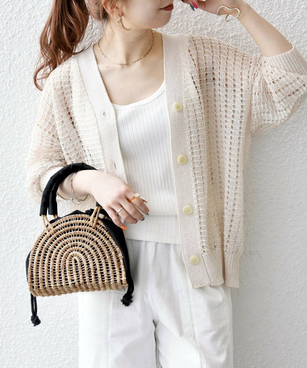 SHIPS(シップス) ギマ ワイド Vネック シアー カーディガン