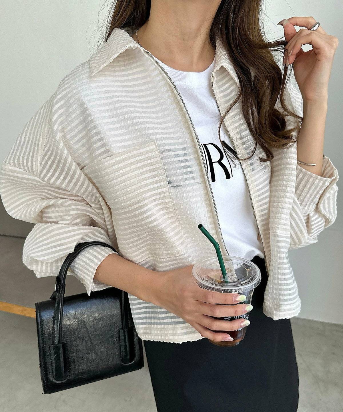 andme(アンドミー) シアー シャツ 長袖 ジップ ジャケット