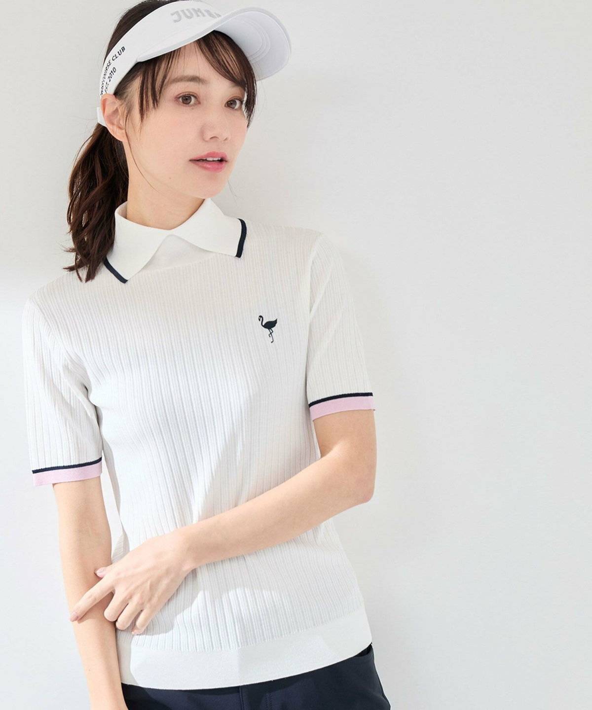 JUN&ROPE’(ジュンアンドロペ) 針抜きリブ衿使い5分袖ラインニット