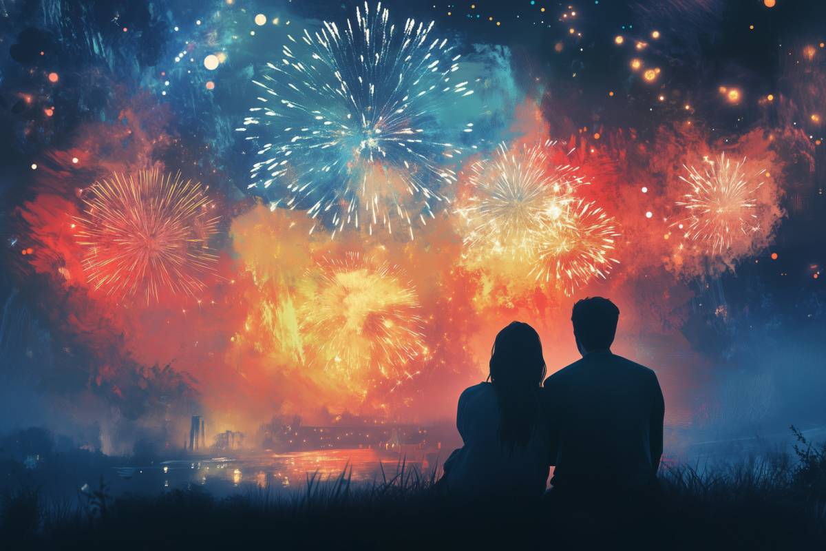 花火大会で打ち上げ花火を見上げるカップルの写真