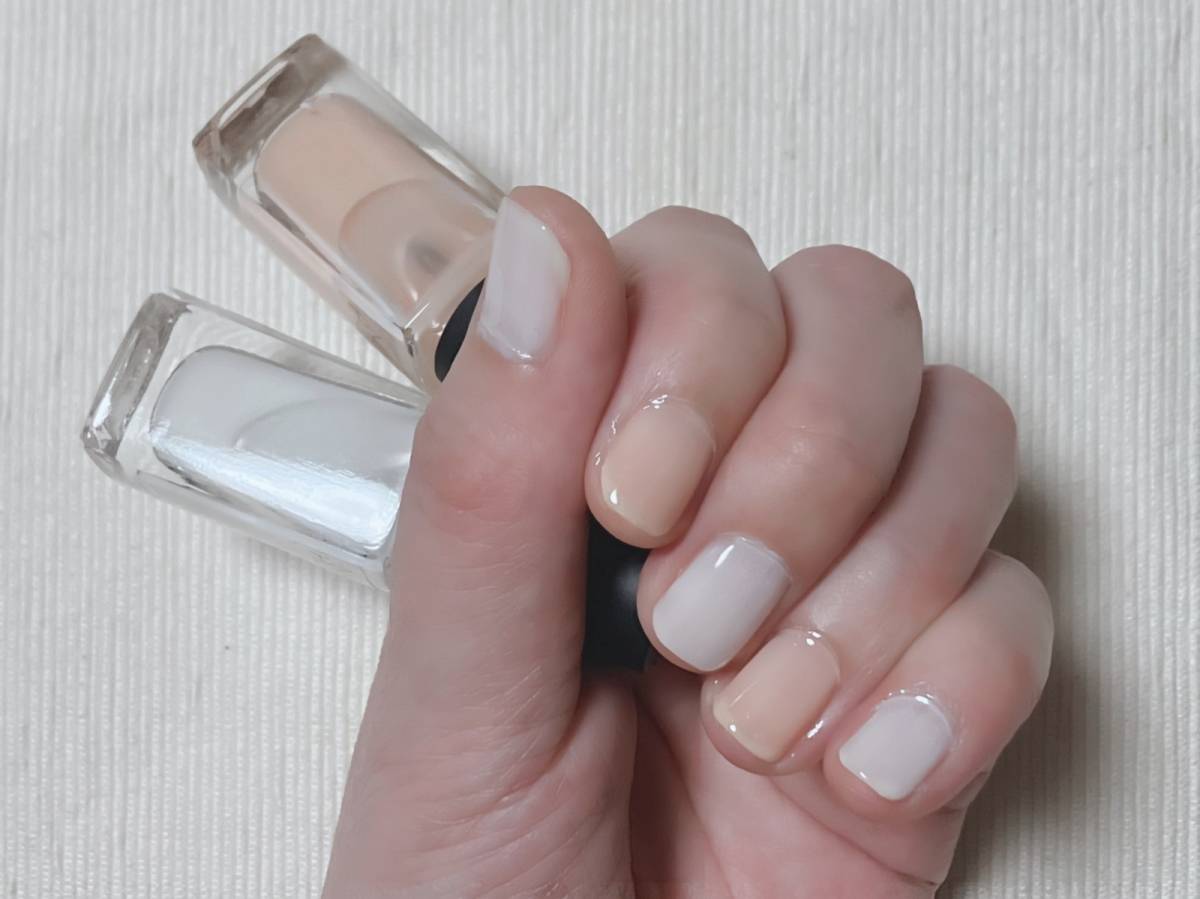 NAILHOLIC ネイルホリック つめ用ファンデ+ BE023F WT021F 塗布後 筆者手 3度塗り