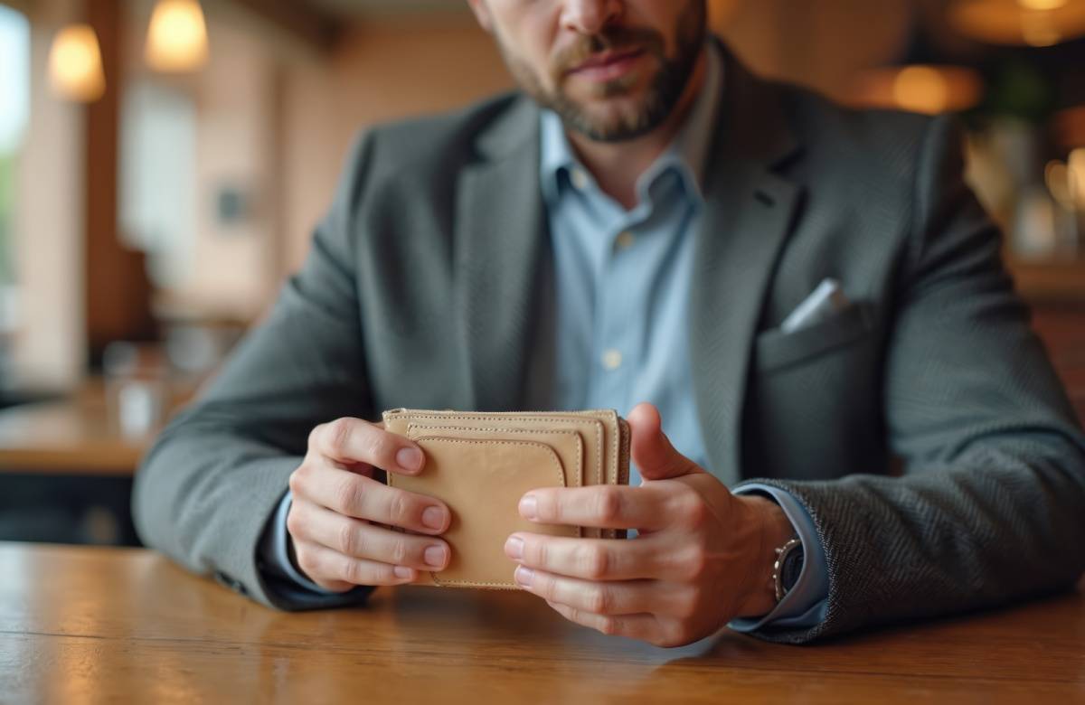 テーブルの上に財布を出す男性の手元