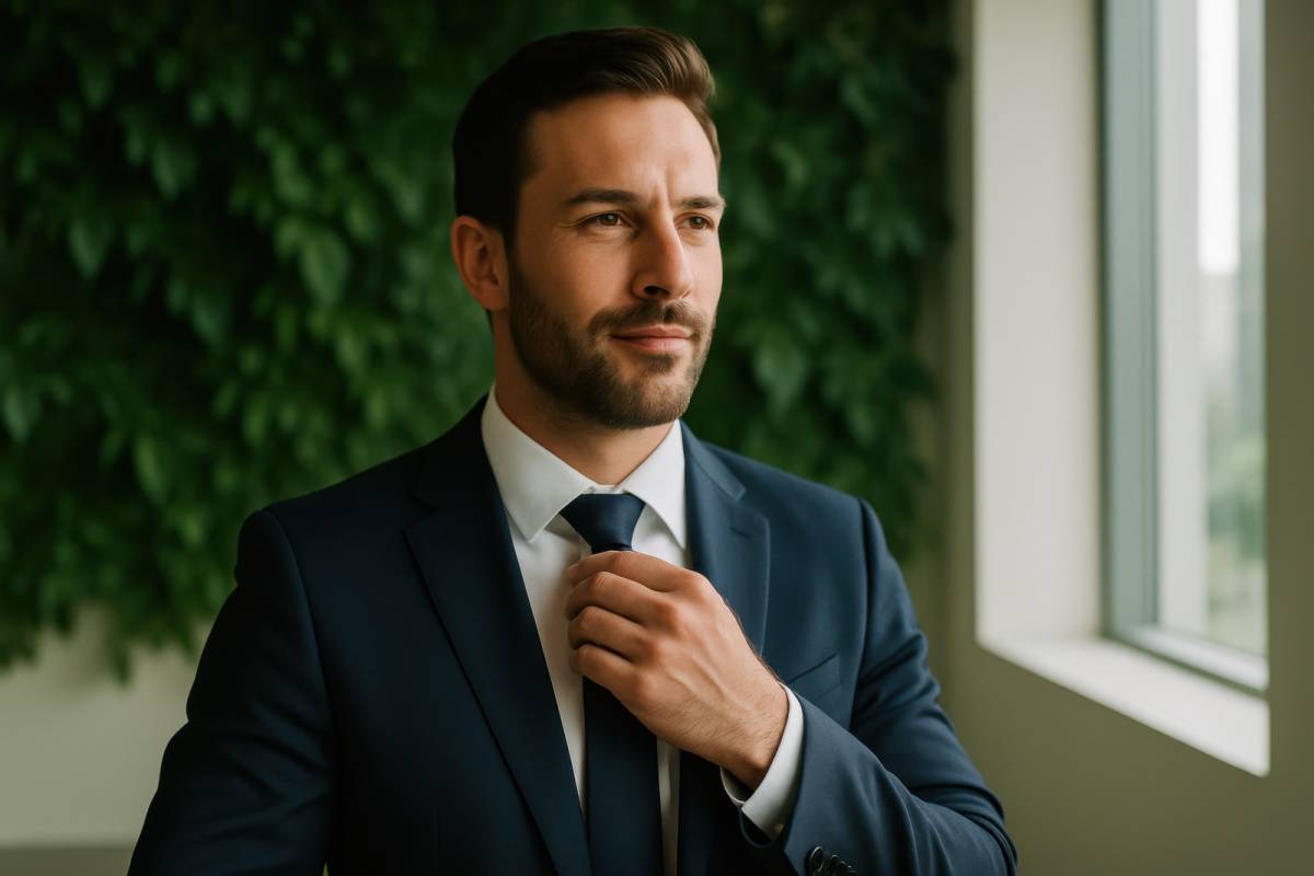 ネクタイを直す男性