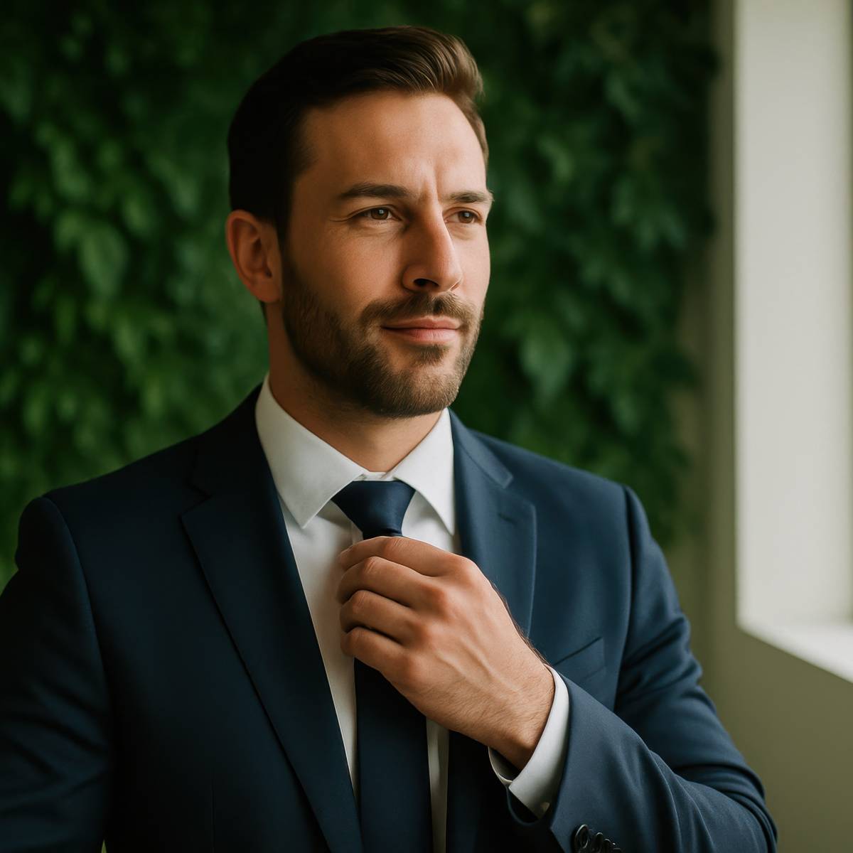 ネクタイを直す男性