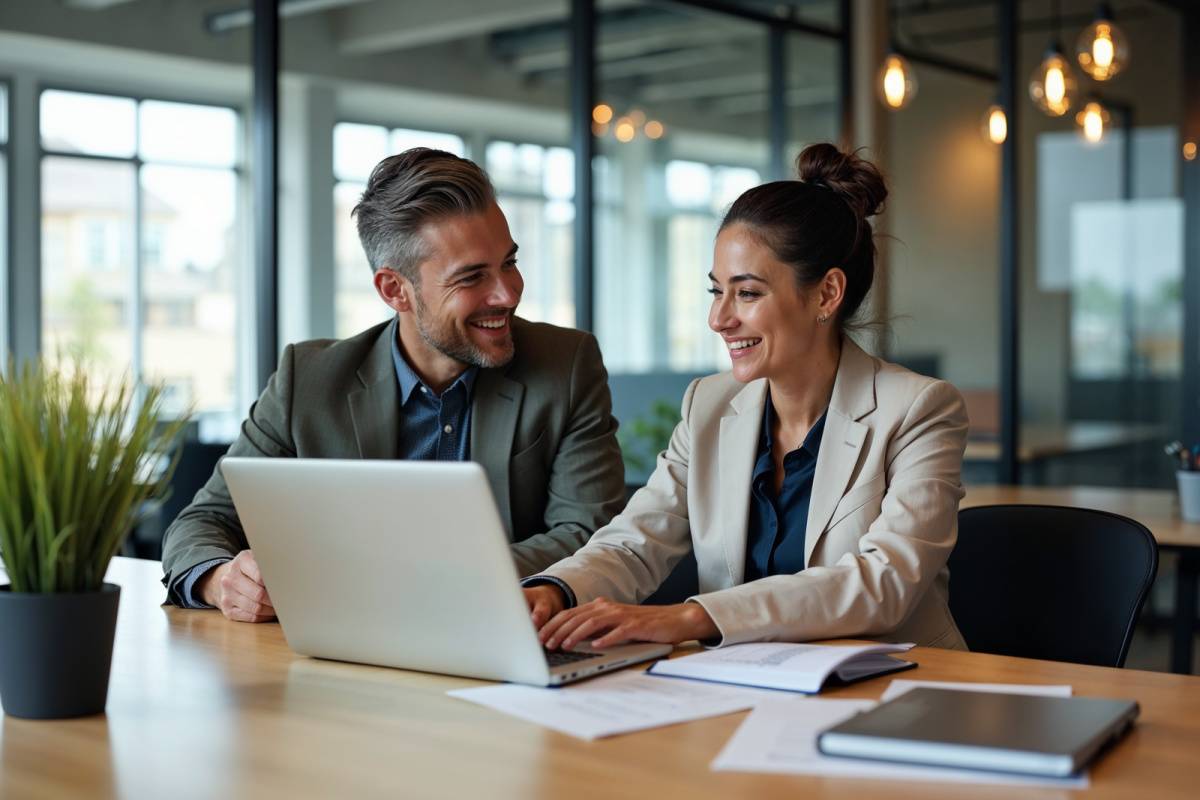 パソコンを開きながら話し合う男女