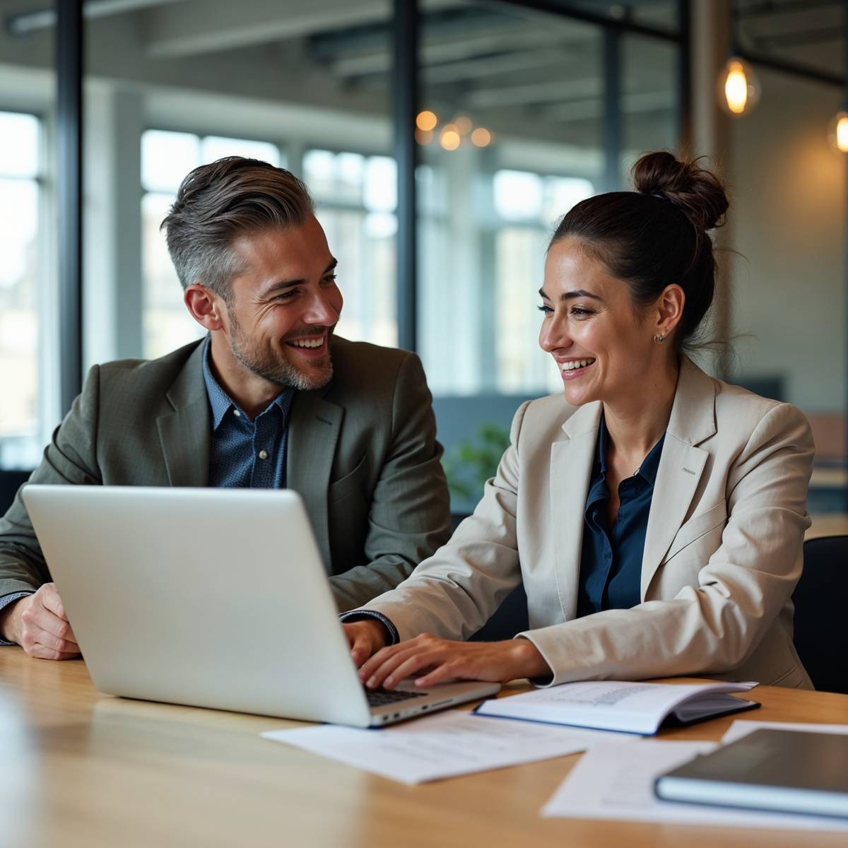 パソコンを開きながら話し合う男女