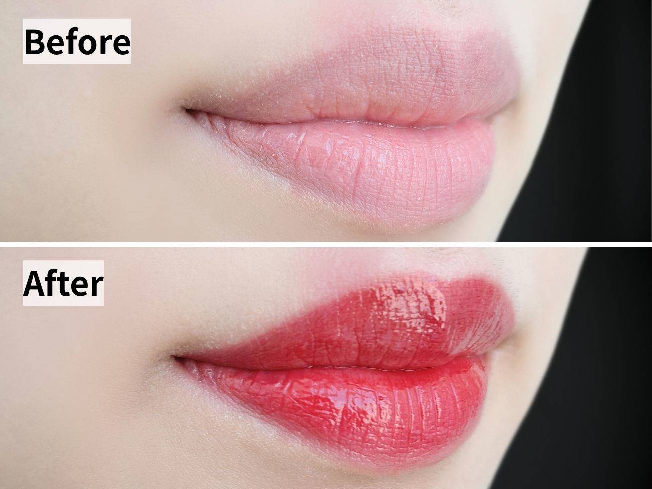 rom&nd ザ ジューシーラスティングティント 22 ドトリボムのビフォーアフター比較画像