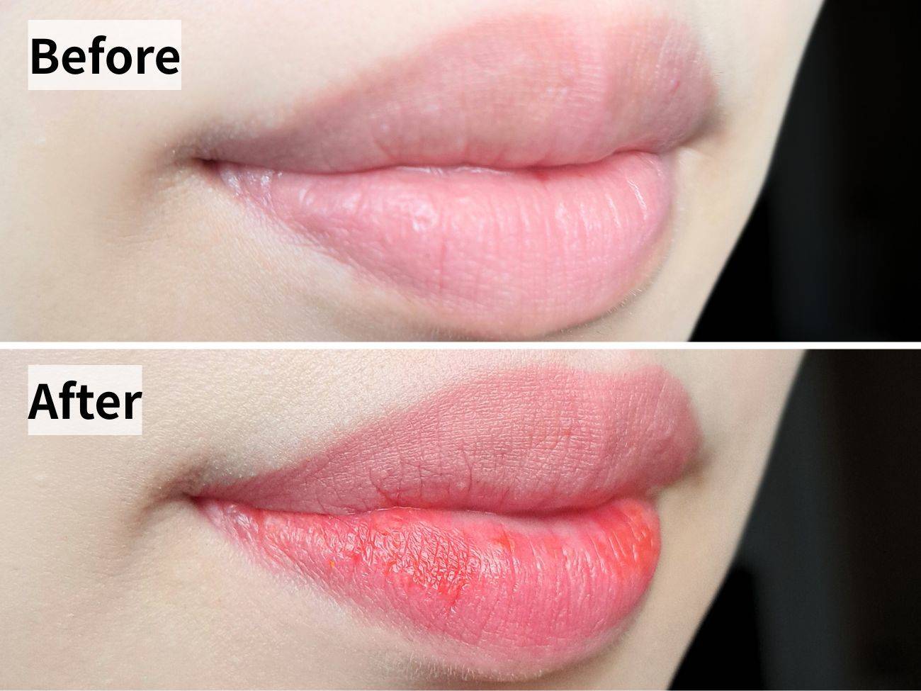 VT(ブイティー) リードルSリップアートメイク タンジェリンコーラルのビフォーアフター比較画像