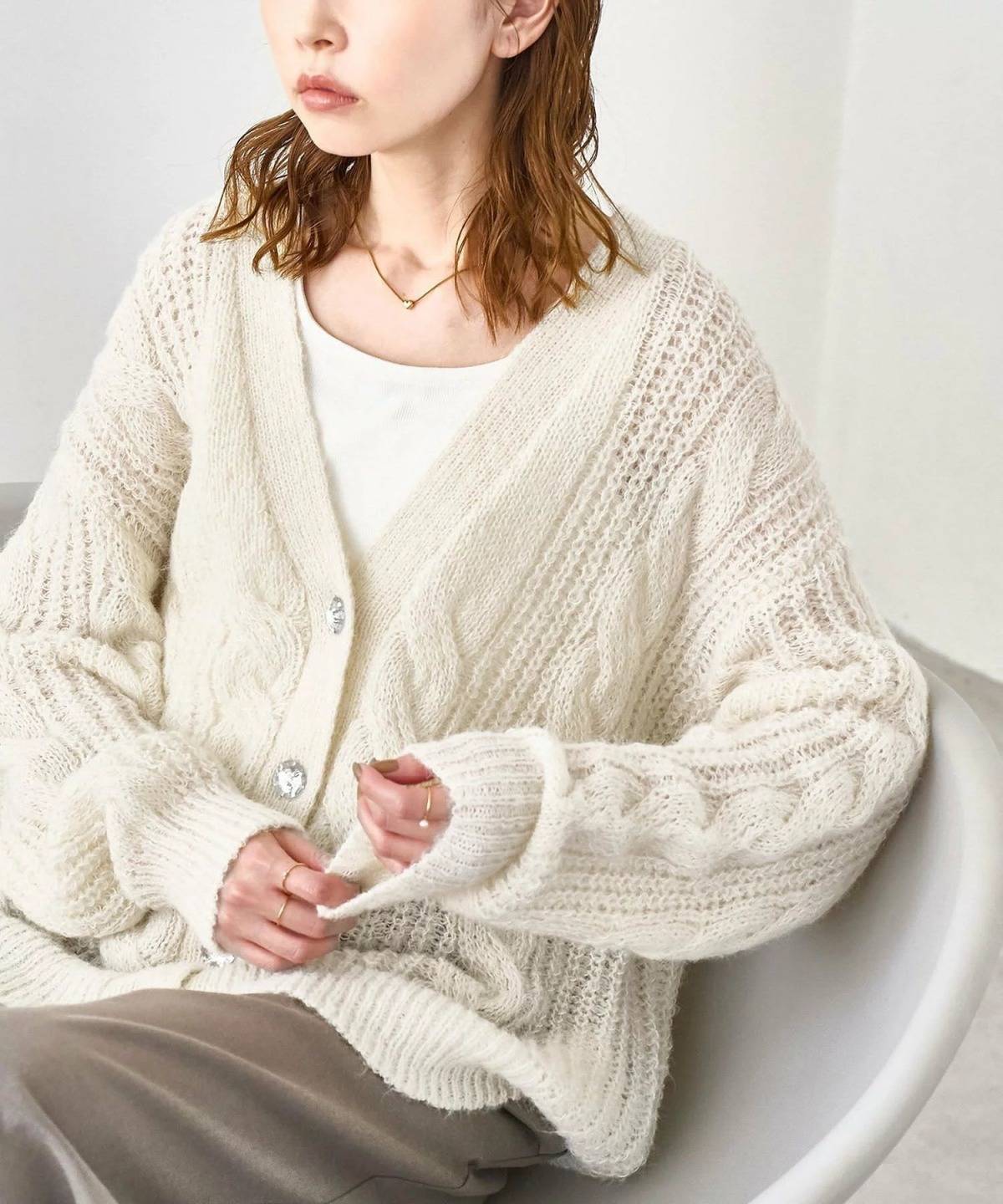 ROPE' PICNIC ゆるケーブル編みVネックカーディガン