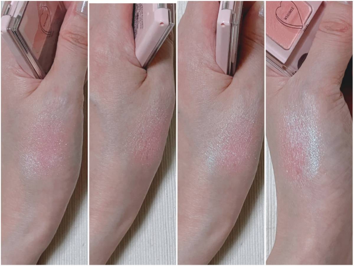 WHOMEE フーミー シングルアイシャドウ ローズタンドル スウォッチ 筆者手 本体4カット