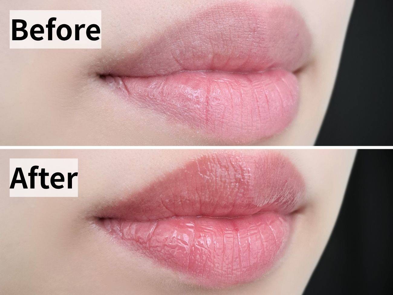 レブロン スーパーラストラス デューイ シャイン リップスティック 007 フライング トゥ ムーンのビフォーアフター比較画像