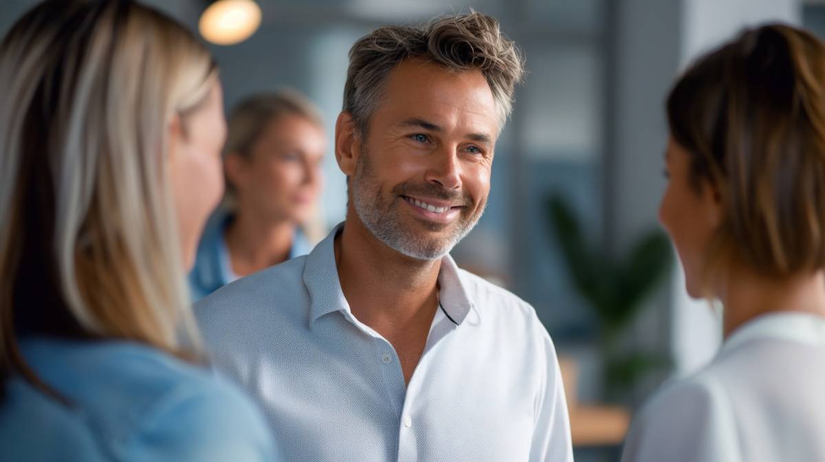 同僚と楽しそうに会話する男性