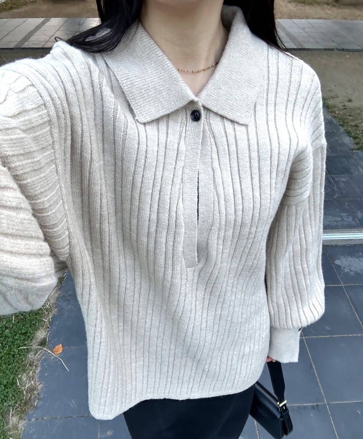 ベージュのリブポロニット