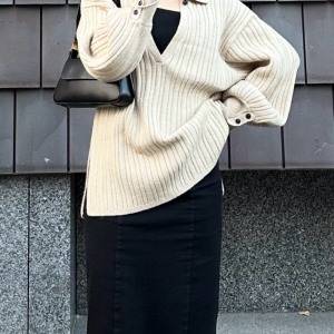シンプルなのにこなれ見え♪美シルエットが叶う「リブポロニット」の秋コーデ