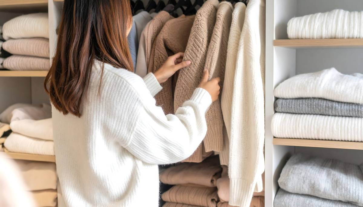 気温2度に合う冬服を選んでいる女性