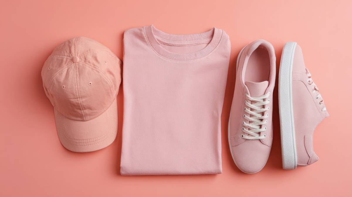 ピンクのスニーカーとTシャツとキャップ