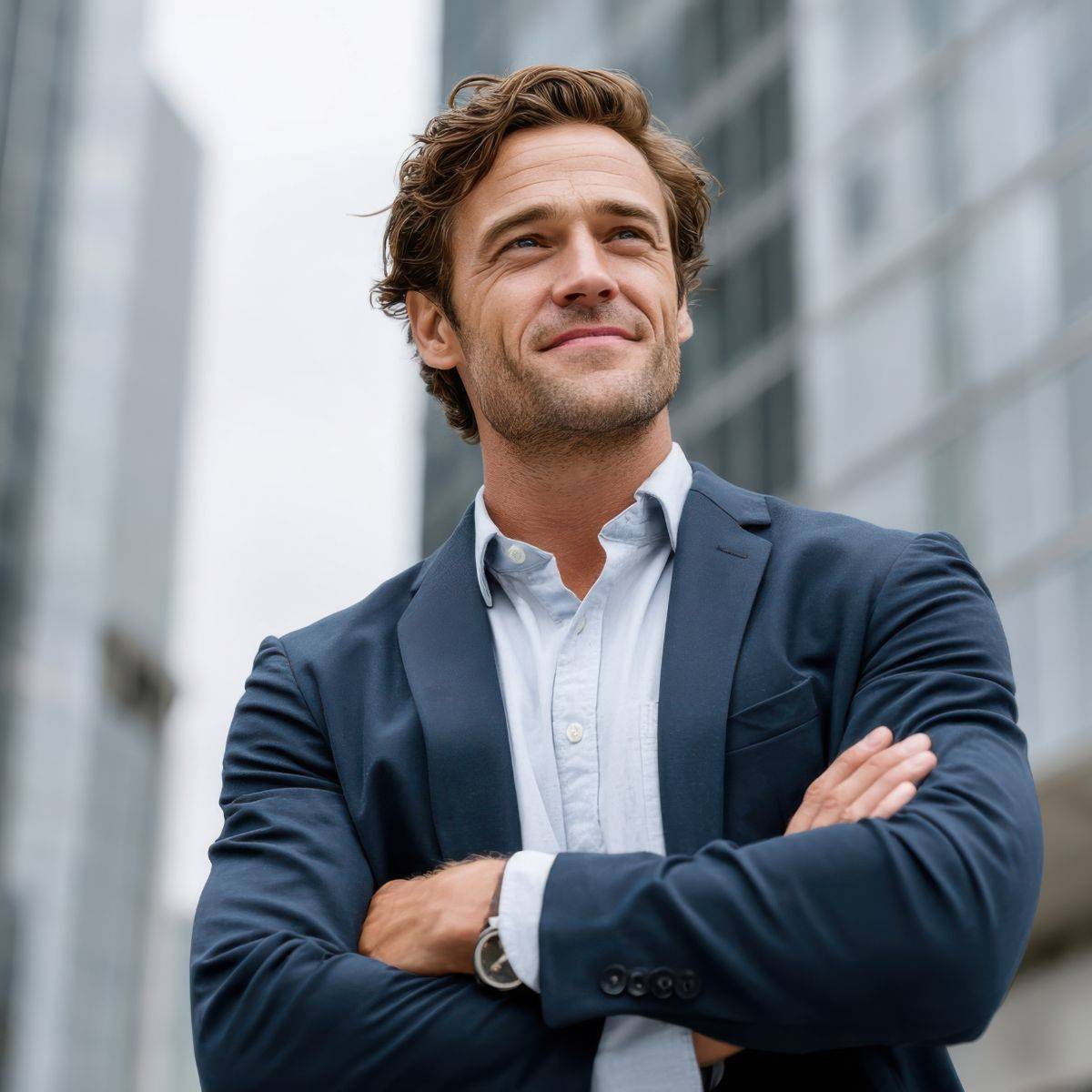 外で腕組みする男性