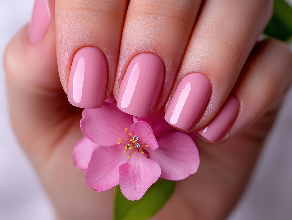 花とシンプルなピンクネイル