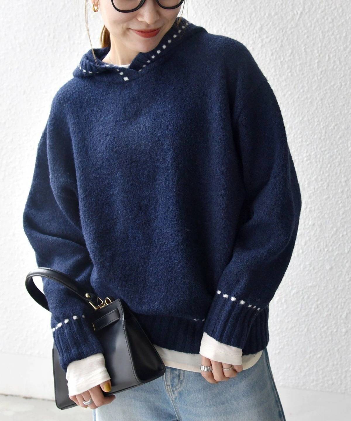 SHIPS ステッチ デザイン フーディー ルーズ ニット