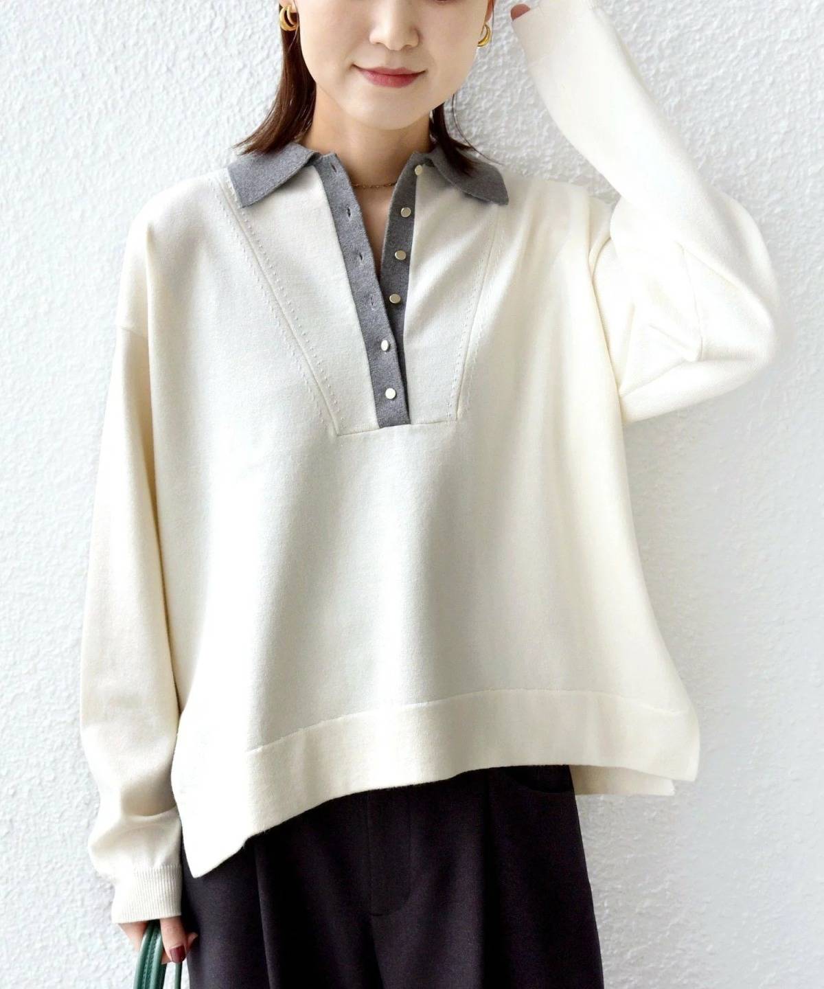 SHIPS サイド スリット ゴールド 釦 ポロ ニット