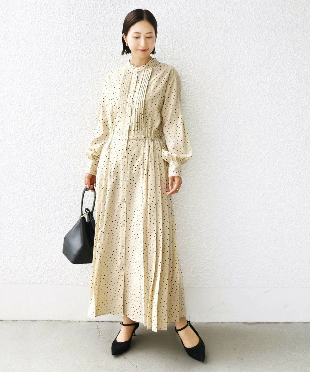 SHIPS バンドカラー サイド プリーツ ワンピース