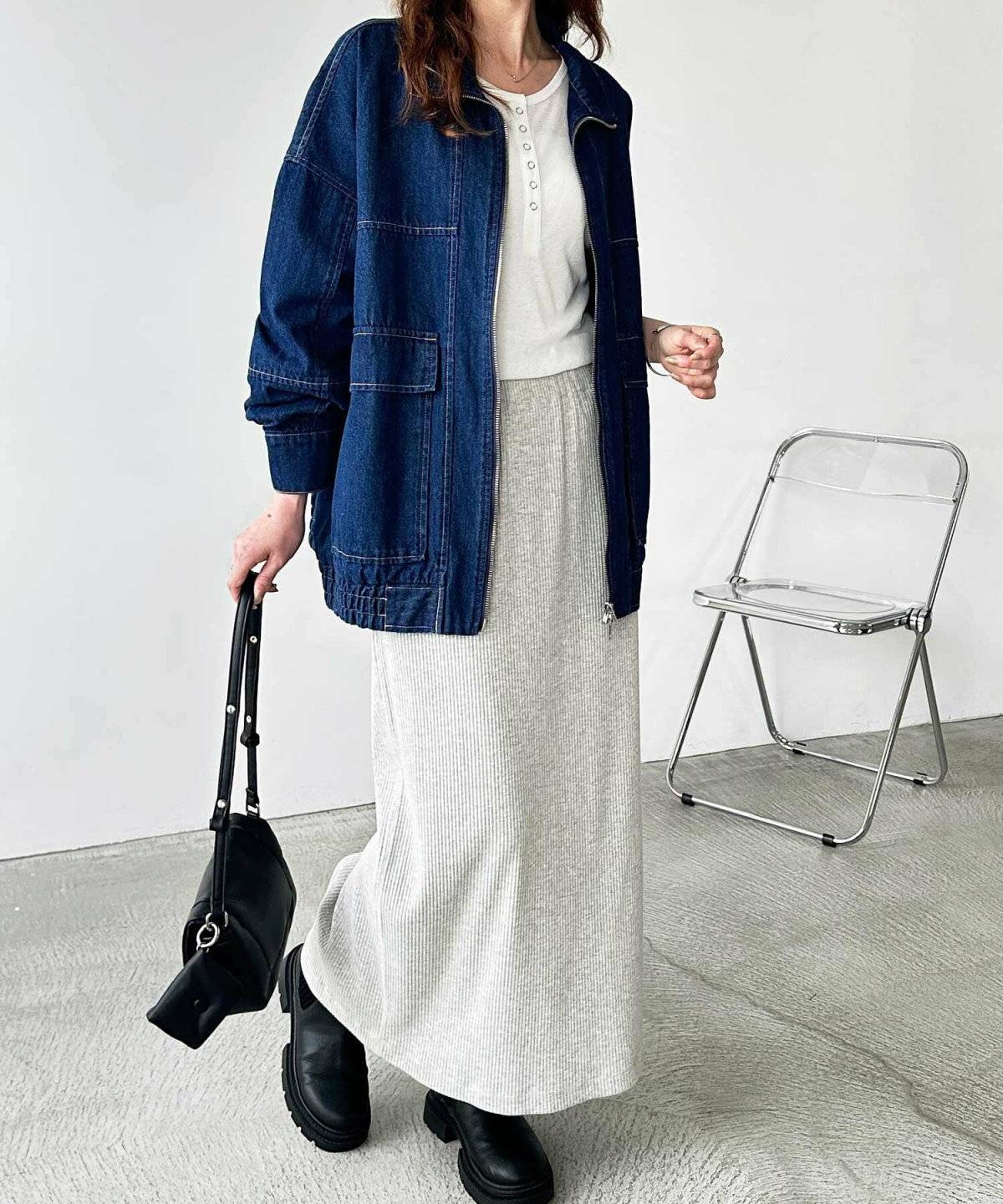 デニムジャケット×リブニットロングスカート