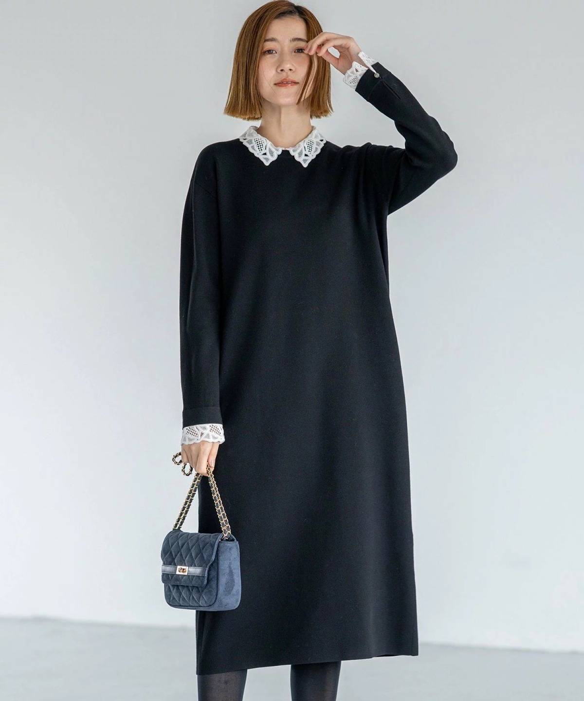 23区 ヴィスコースストレッチ レース襟 ワンピース