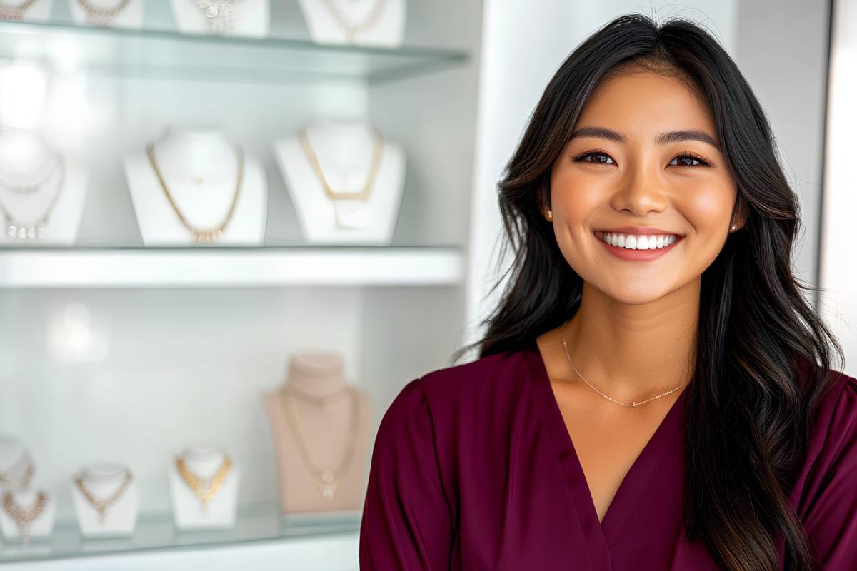 ワインレッドの洋服を着た女性