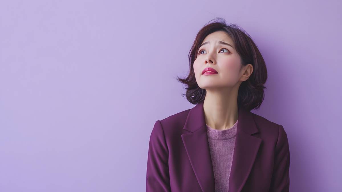 ワインレッドの洋服を着た女性