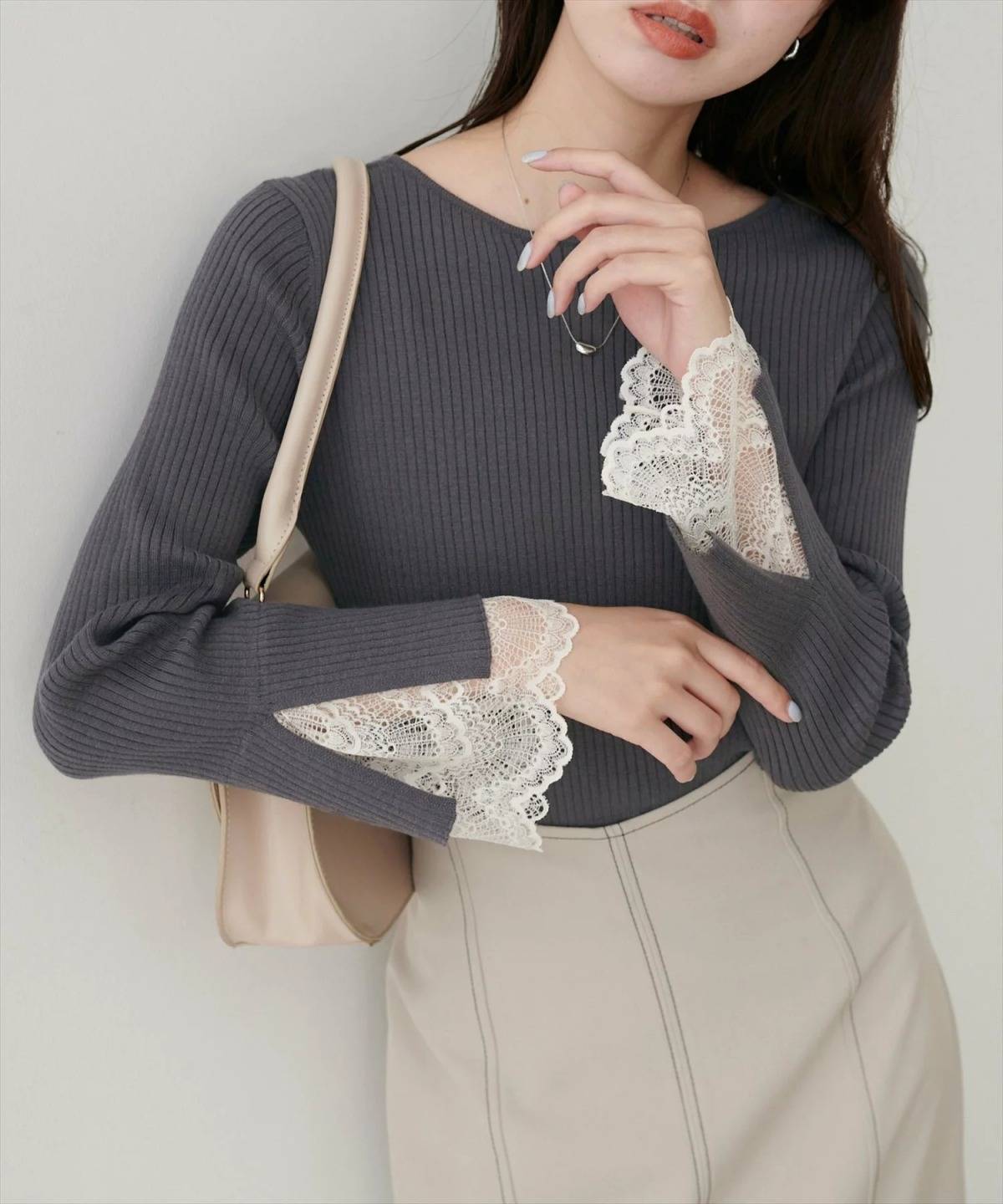 natural couture 前後2WAY袖口レースリブニット