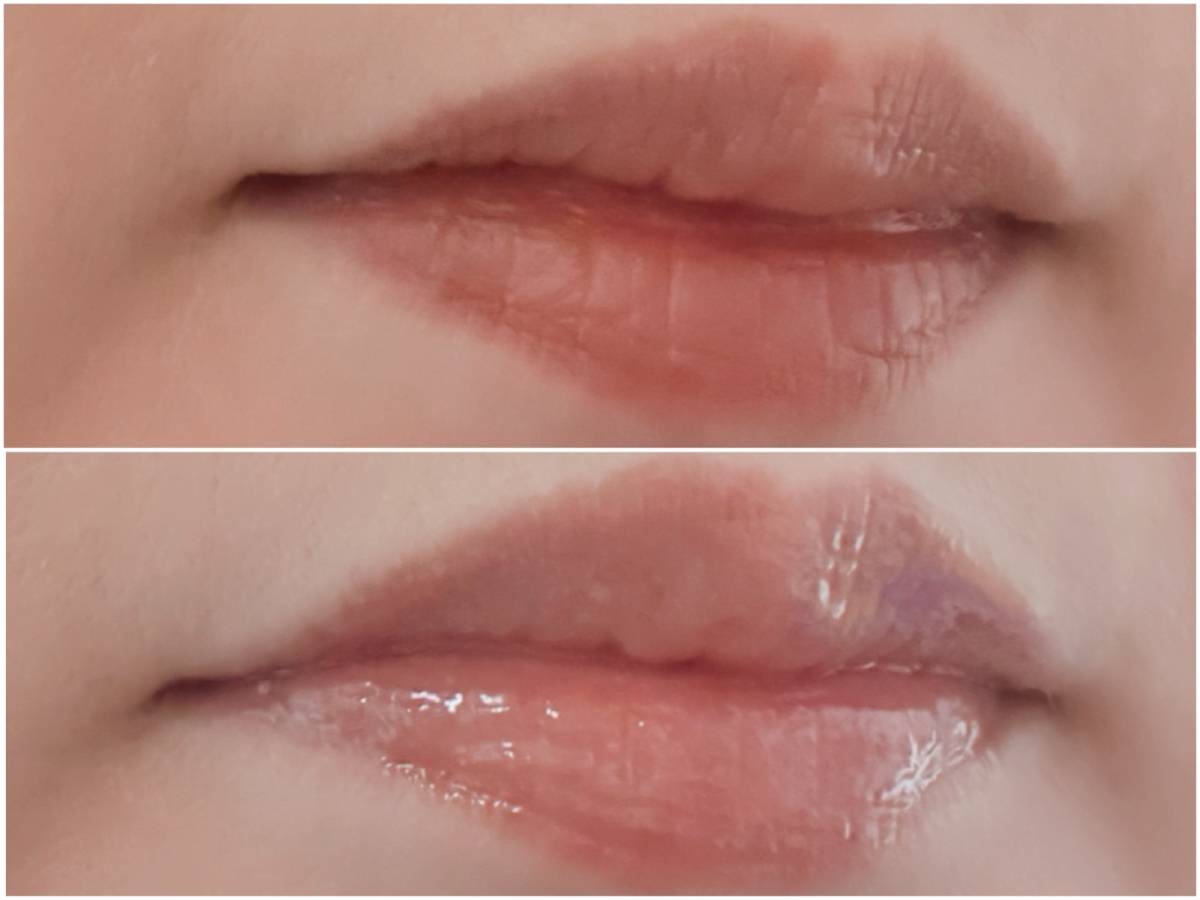 THE RETINOTIME ザ・レチノタイム リンクルリップエッセンス プランパー ヌーディピンク リップ美容液 色付きリップ 塗布前 塗布後 before after 筆者口元