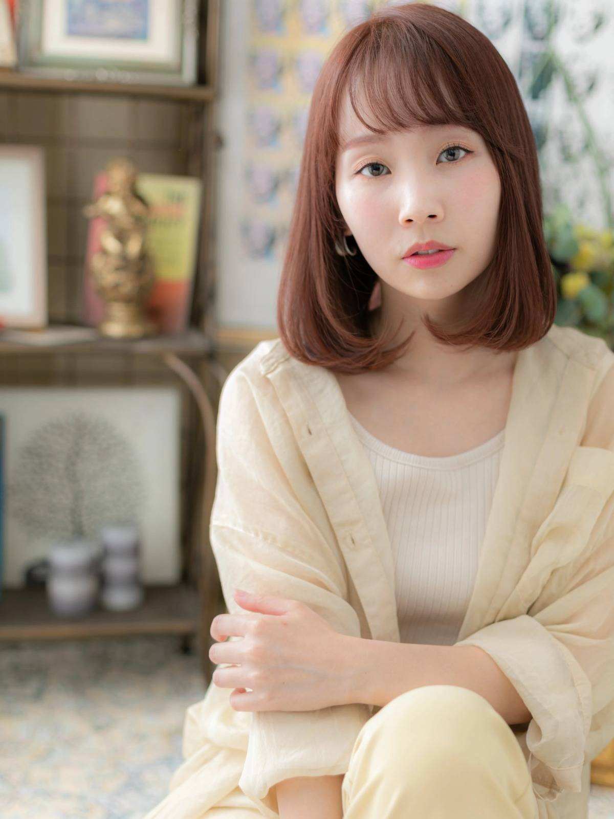 ピンクブラウン×ワンカールのロングボブ