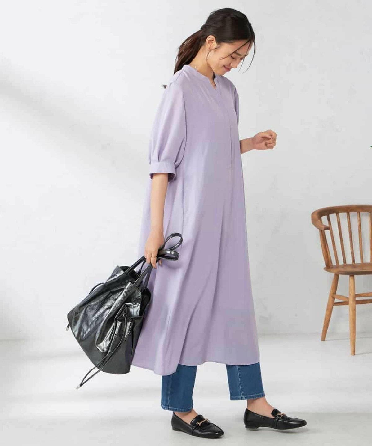 ラベンダーワンピース✕デニムパンツ
