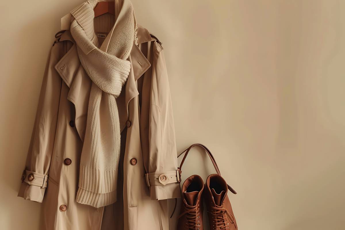 ベージュのトレンチコートとマフラー