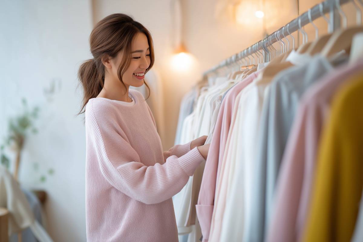 クローゼットで洋服を選ぶ女性