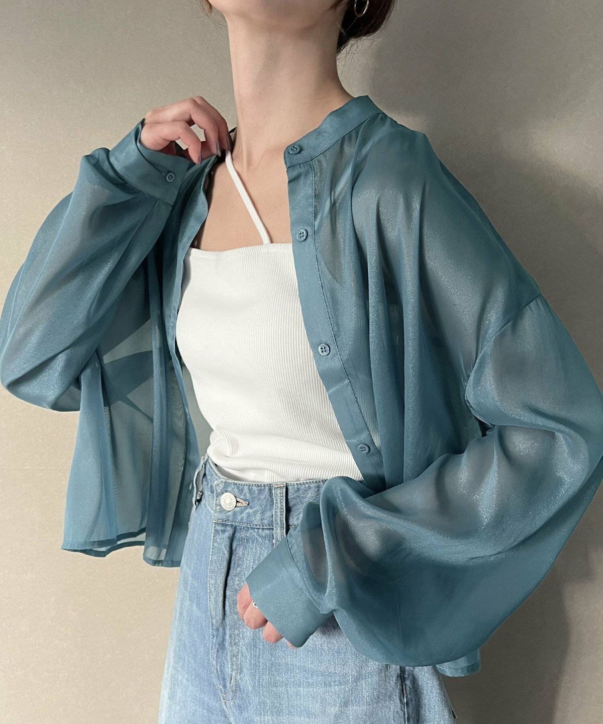 シアバルーンスリーブビッグシャツコーデ