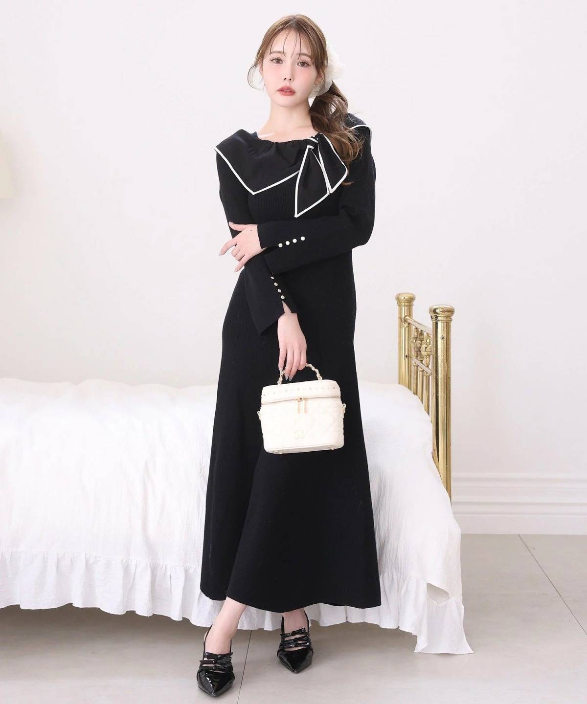 one after another NICE CLAUP 異素材リボンニットロングワンピース