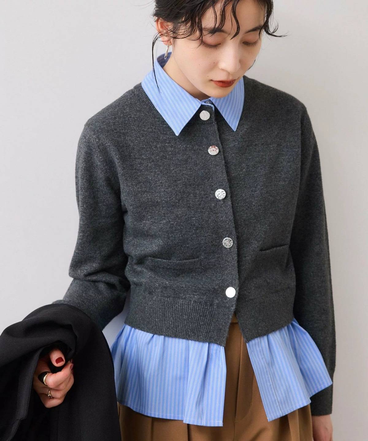 VIS シャツレイヤード風メタルボタンカーディガン