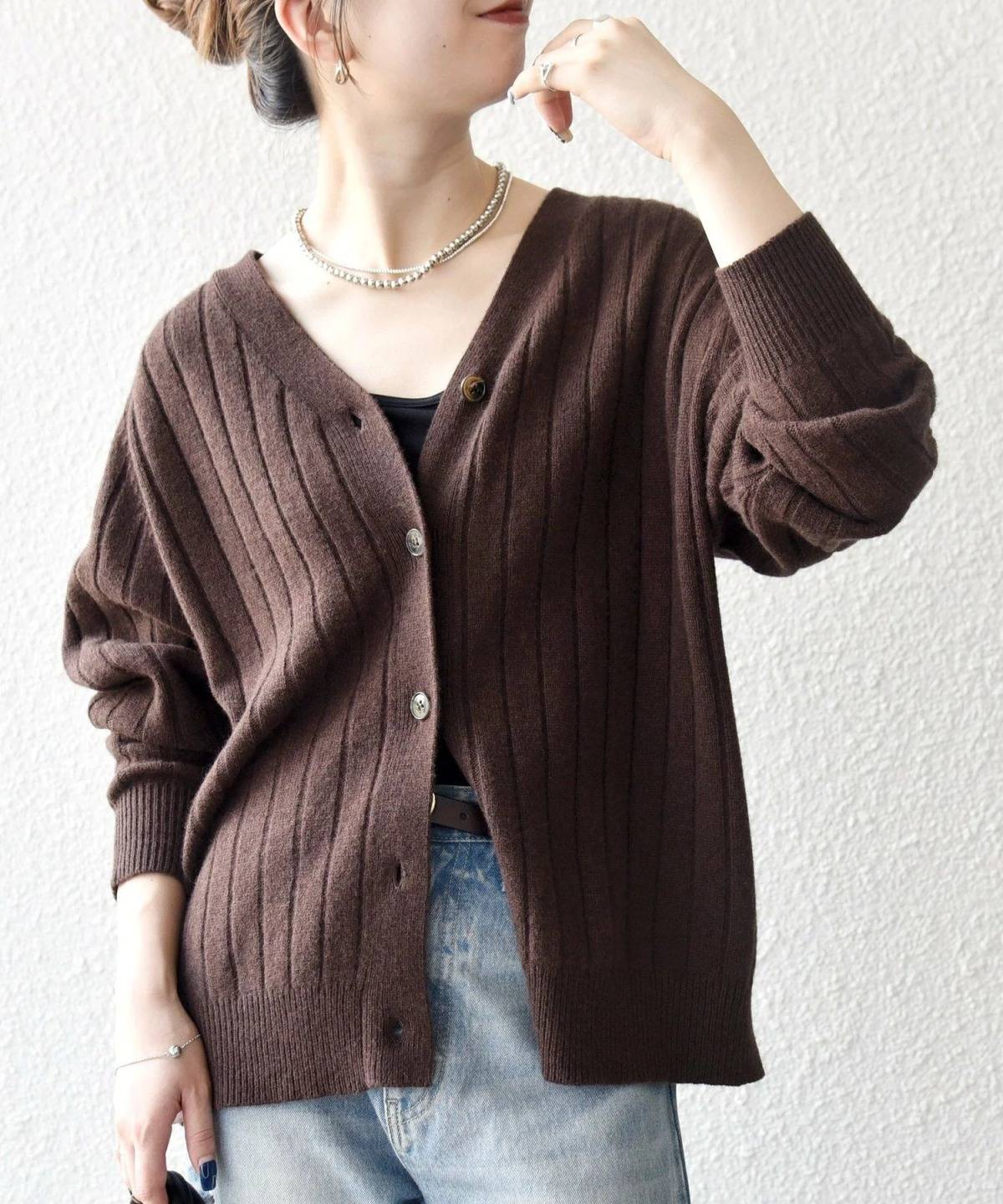 SHIPS ヤク ワイドリブ Vネック ニット カーディガン