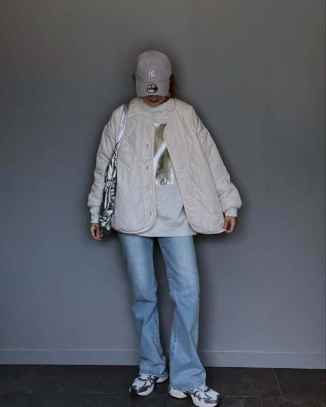 プリントスウェット×キルティングジャケット