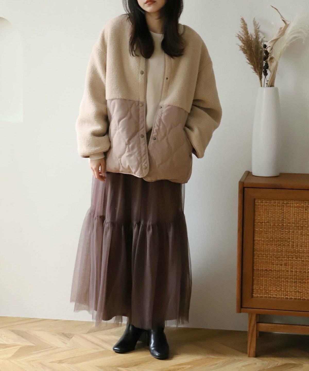 キルティングジャケット×スカート