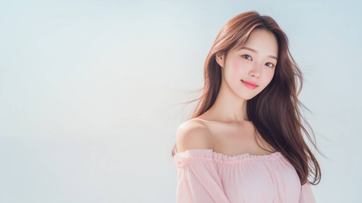 オフショルダーの洋服を着る女性