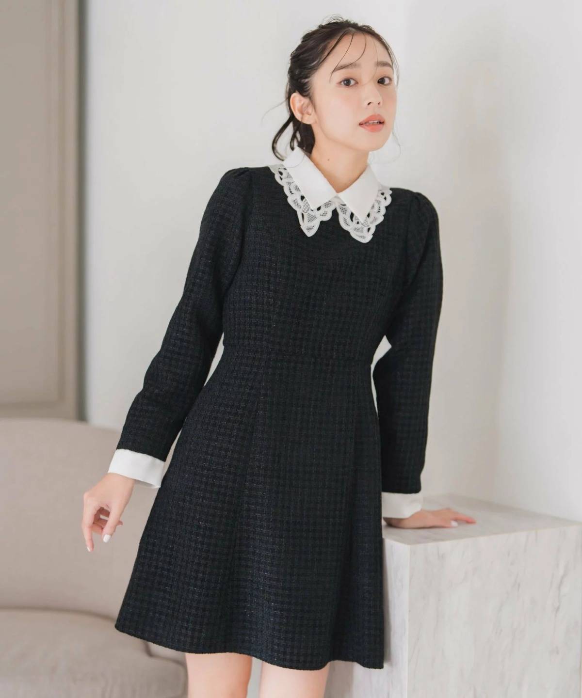 MISCH MASCH レース襟付きツイードミニワンピース