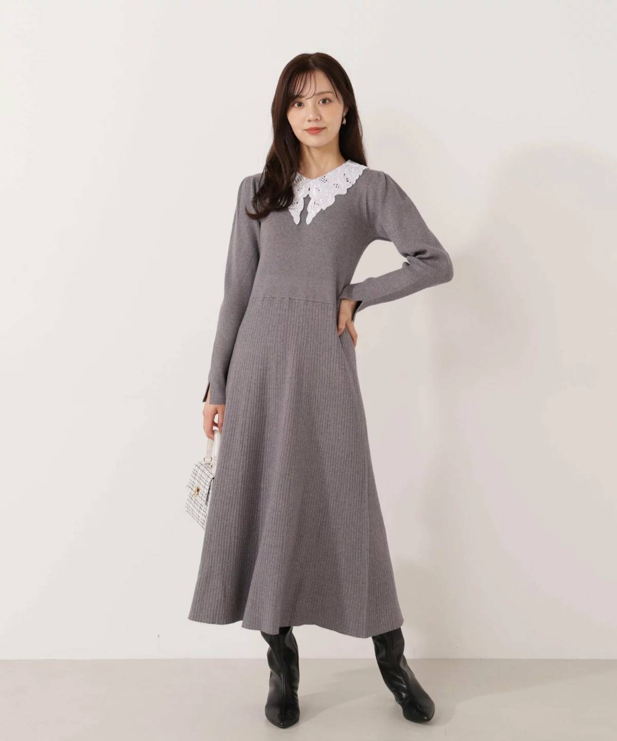PROPORTION BODY DRESSING レース襟付きニットワンピース