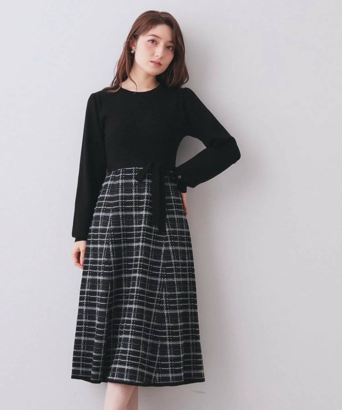 index チェックラメジャカードニットワンピース