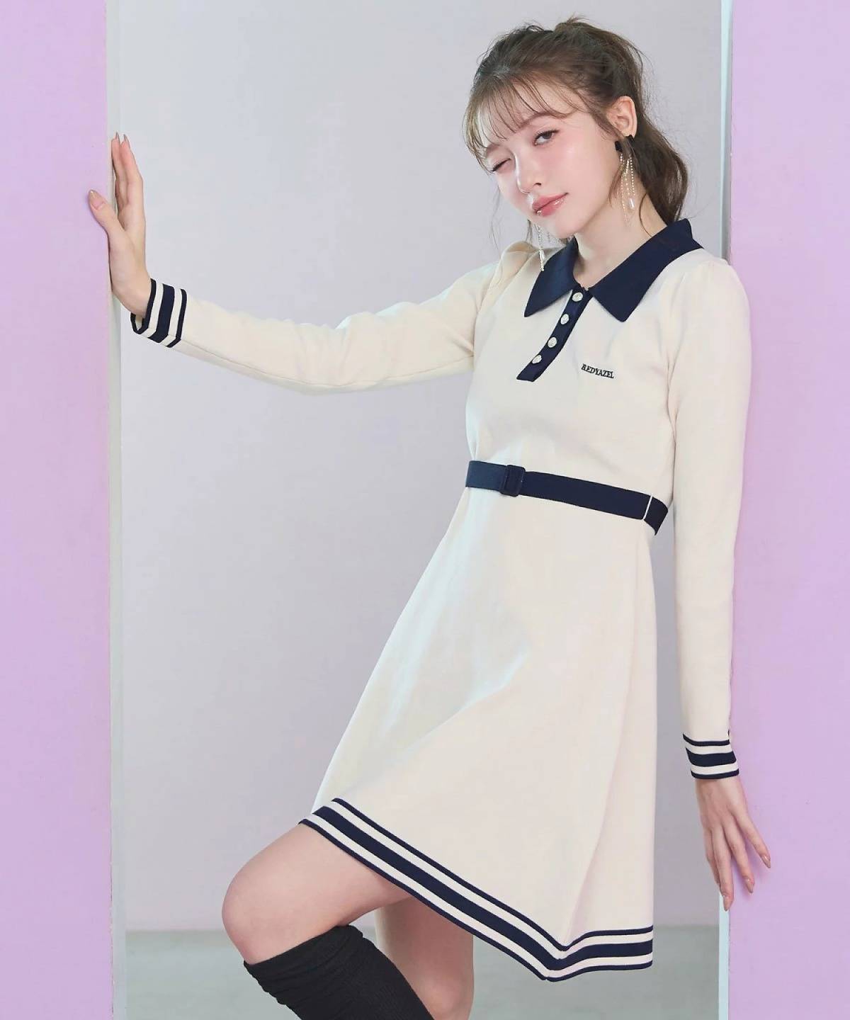 REDYAZEL バイカラーポロニットミニワンピース